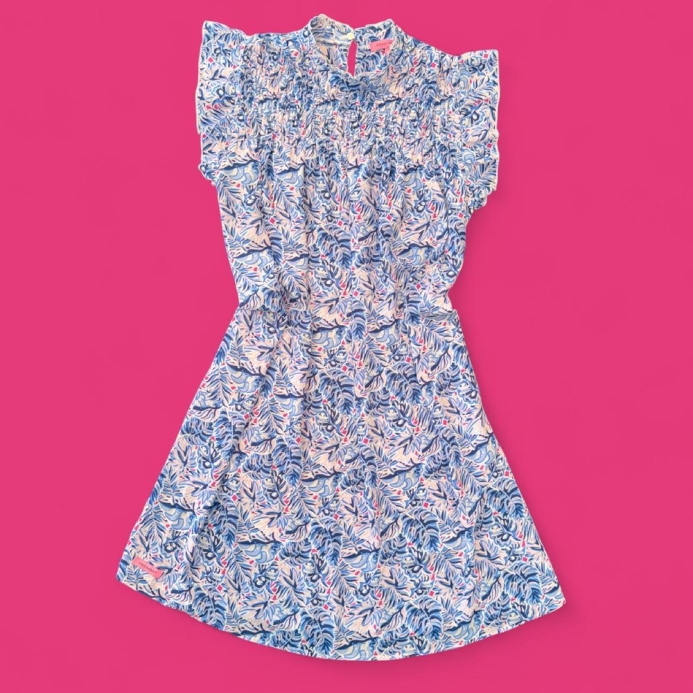 Simply Southern Blue & Pink Leaf Print Ruffle Sleeve Dress | Size Large